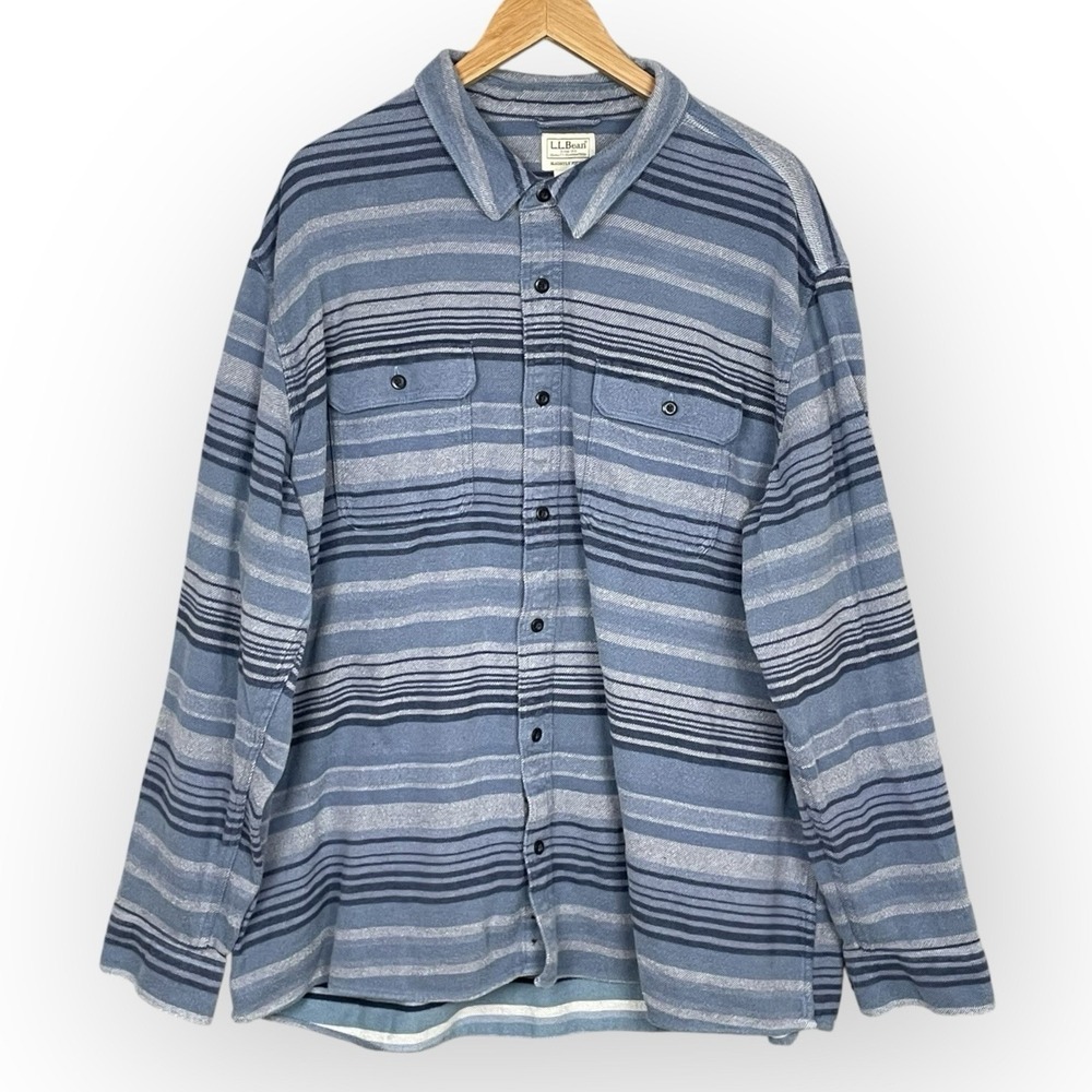 LL Bean Blue Striped Organic Cotton Flannel Shirt Men XXL Skater Outdoor Coastal